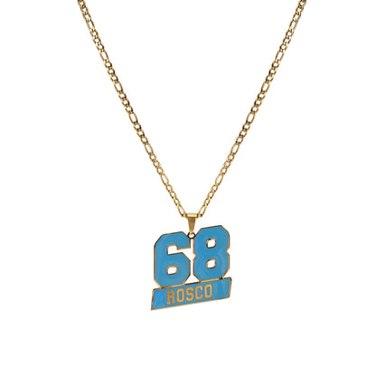 Gold necklace with a blue pendant featuring the number 68 and the name 'Rosco' on a white background.