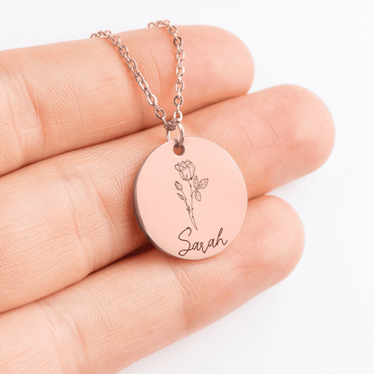 Personalized Name & Birth Flower Round Necklace – From Soulmate