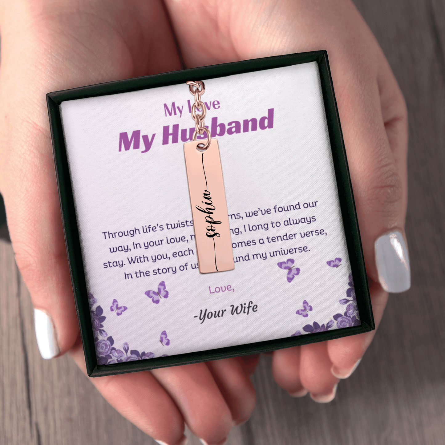Personalized Name Vertical Bar Keychain – From Wife to Husband