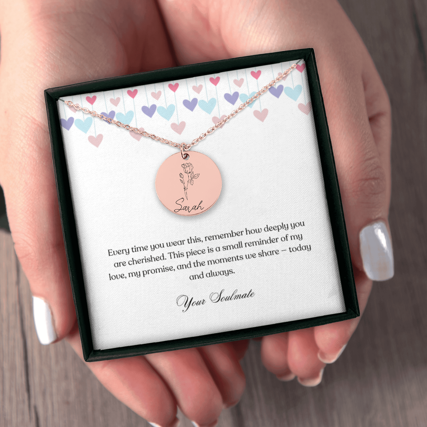 Personalized Name & Birth Flower Round Necklace – From Soulmate