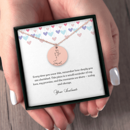 Personalized Name & Birth Flower Round Necklace – From Soulmate