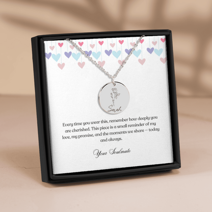 Personalized Name & Birth Flower Round Necklace – From Soulmate