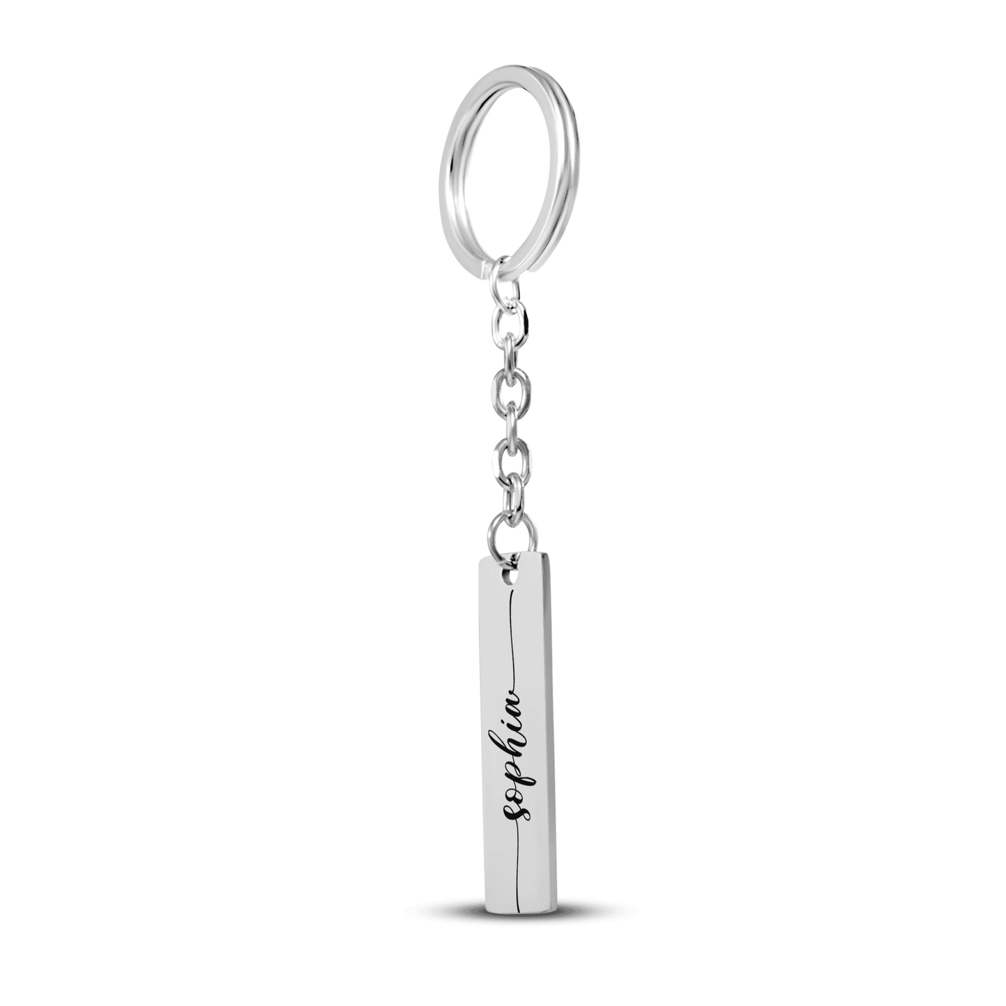 Silver keychain with a vertical bar pendant on a white background