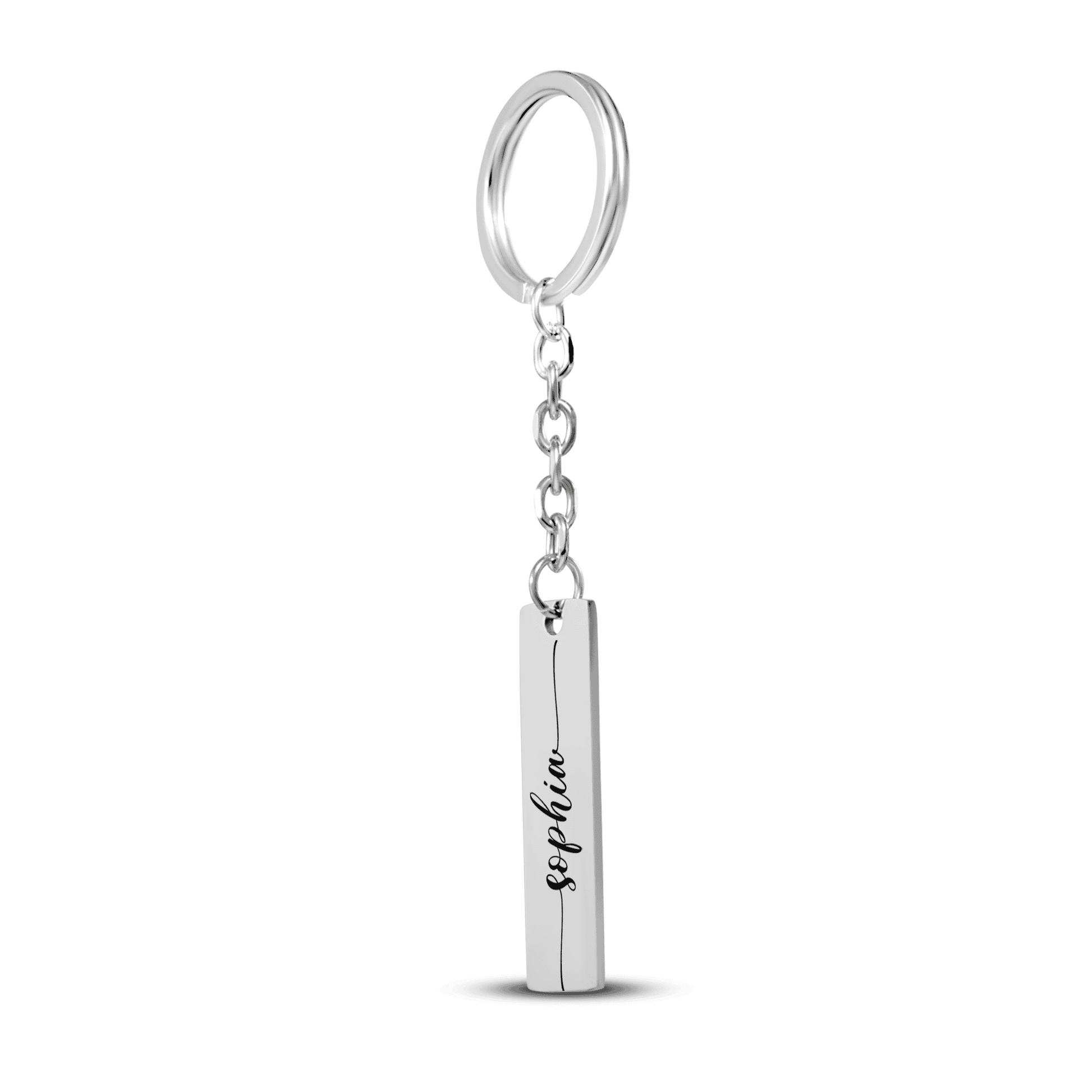 Silver keychain with a vertical bar pendant on a white background