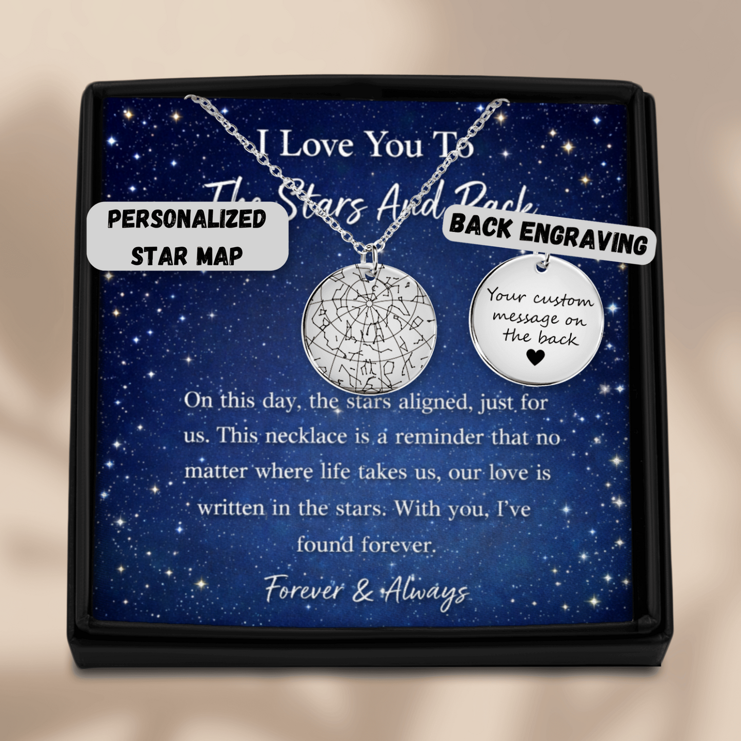 Necklace with star map design in a decorative box with starry background