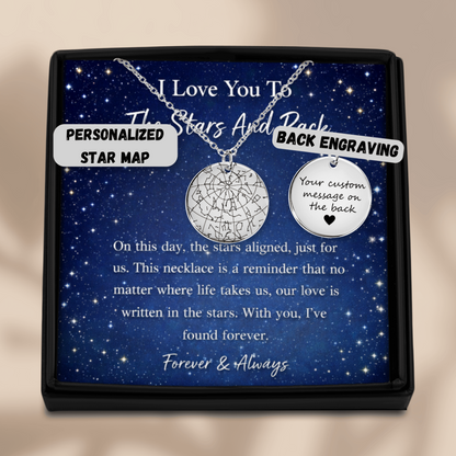 Necklace with star map design in a decorative box with starry background