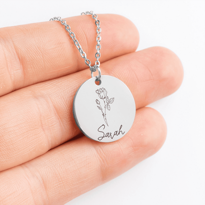 Personalized Name & Birth Flower Round Necklace – From Soulmate