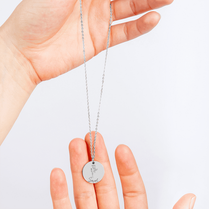Personalized Name & Birth Flower Round Necklace – From Soulmate