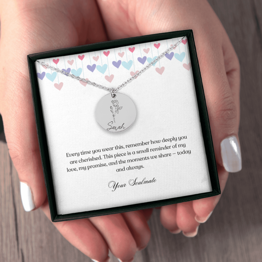 Personalized Name & Birth Flower Round Necklace – From Soulmate