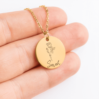 Personalized Name & Birth Flower Round Necklace – From Soulmate