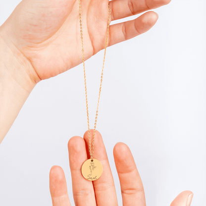 Personalized Name & Birth Flower Round Necklace – From Soulmate