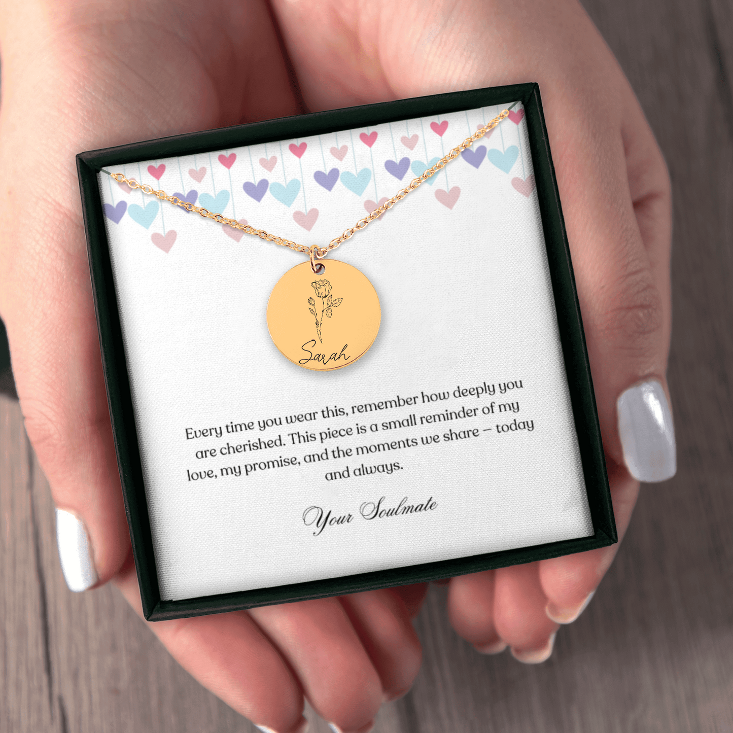 Personalized Name & Birth Flower Round Necklace – From Soulmate