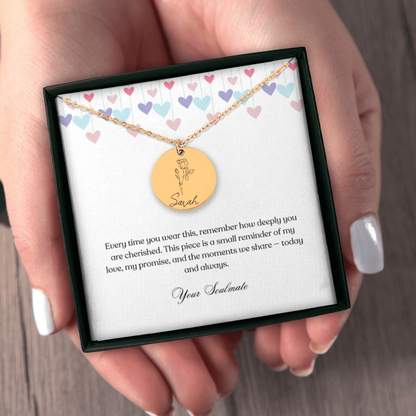 Personalized Name & Birth Flower Round Necklace – From Soulmate