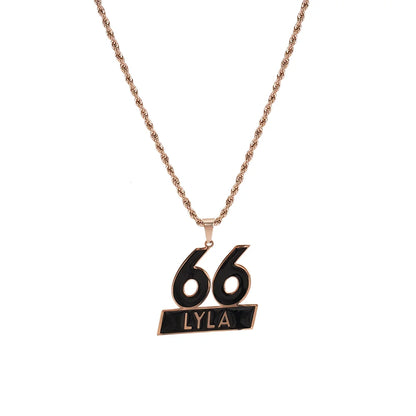 Necklace with '66 Lyla' pendant on a white background