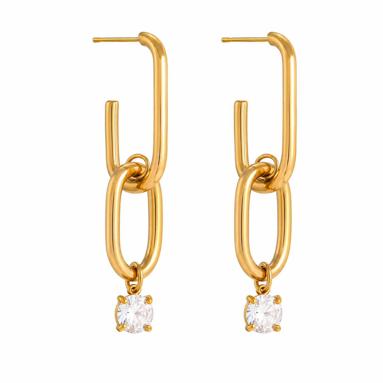 Gold hoop earrings with small round gemstones on a white background