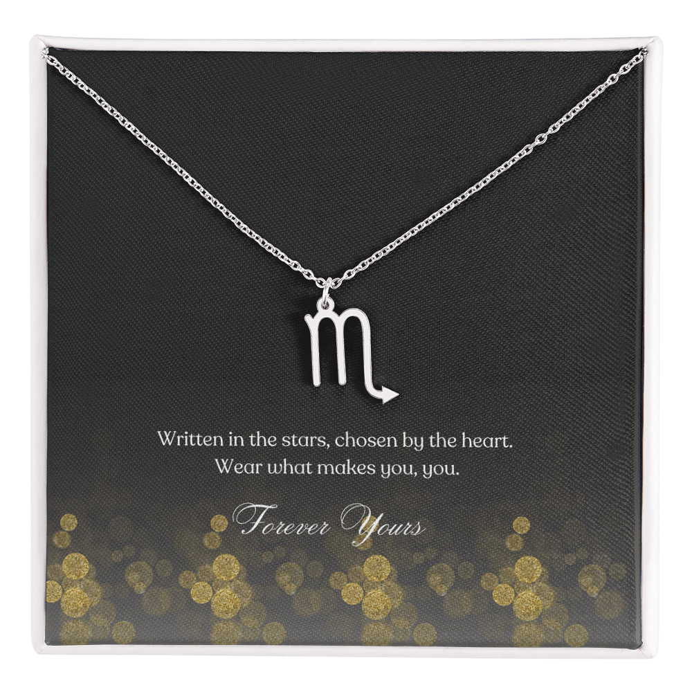 zodiac symbol Scorpio stainless steel variant in a standard box