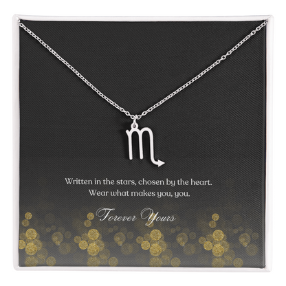 zodiac symbol Scorpio stainless steel variant in a standard box